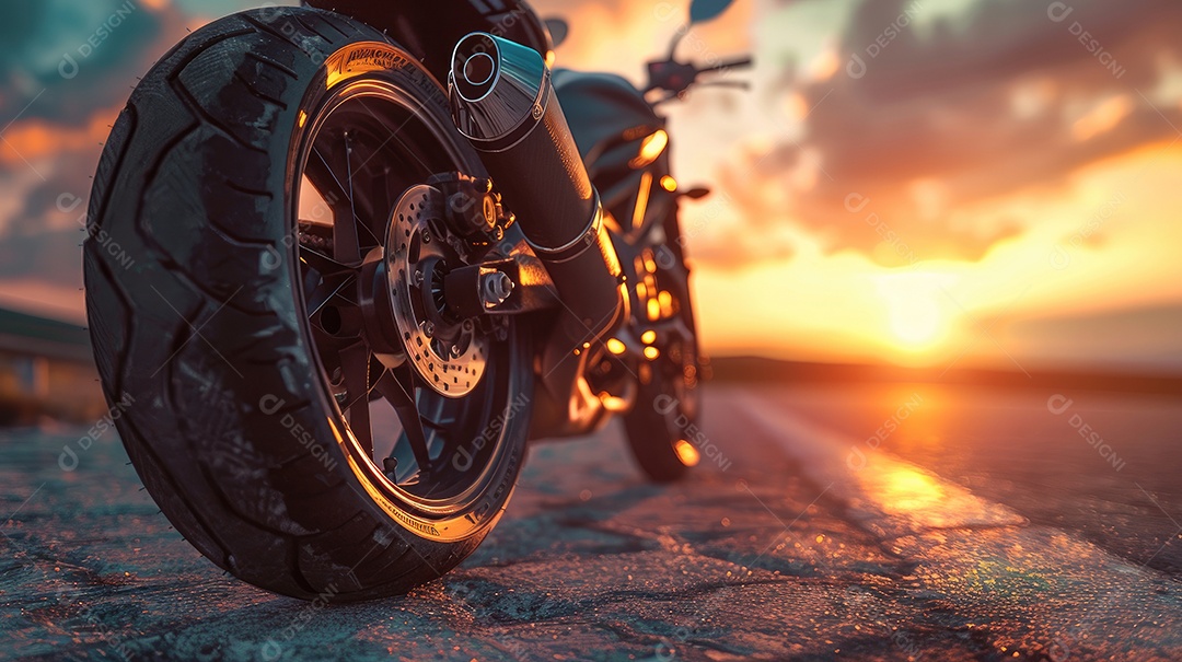 Uma motocicleta está estacionada em uma estrada molhada com um lindo pôr do sol ao fundo