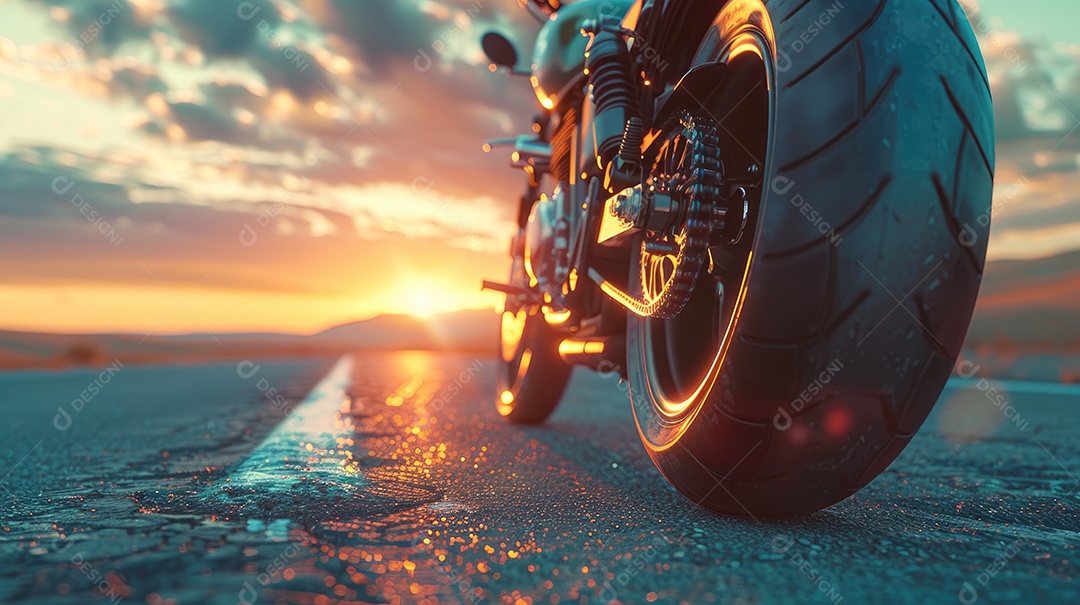 Uma motocicleta está estacionada em uma estrada molhada com um lindo pôr do sol ao fundo