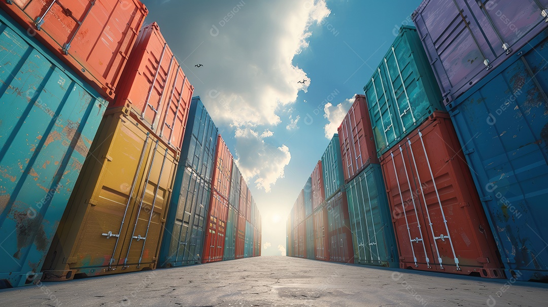 Contêineres de carga empilhados ao pôr do sol no pátio de embarque comércio e logística globais