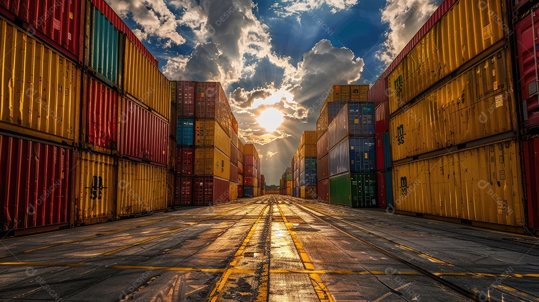 Contêineres de carga empilhados ao pôr do sol no pátio de embarque comércio e logística globais