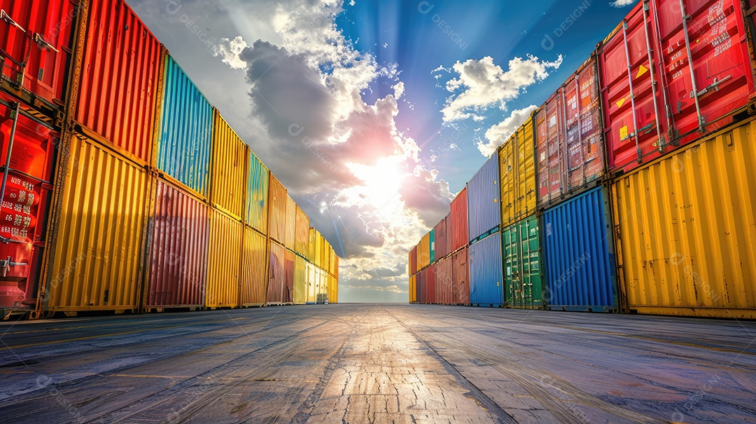 Contêineres de carga empilhados ao pôr do sol no pátio de embarque comércio e logística globais