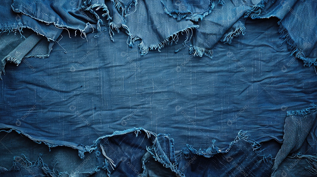 Uma imagem de espaço de cópia de tecido jeans rasgado e destruído com textura de jeans azul rasgado