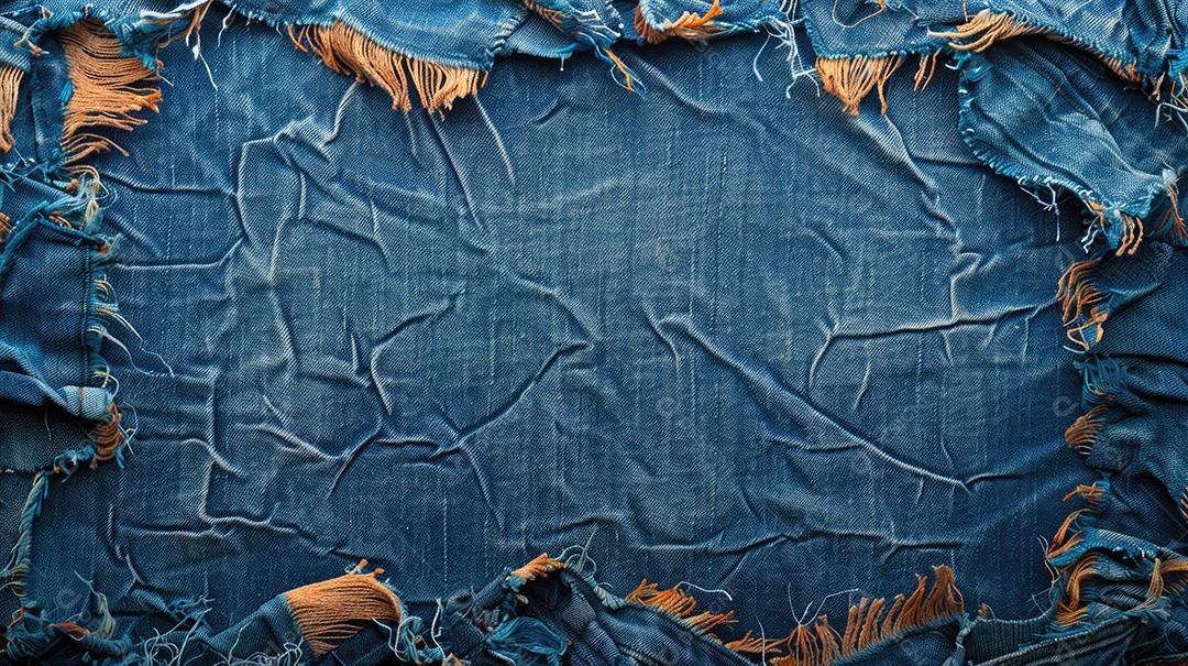 Uma imagem de espaço de cópia de tecido jeans rasgado e destruído com textura de jeans azul rasgado