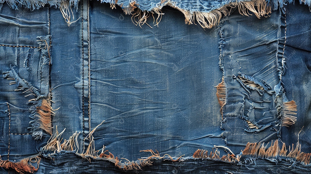 Uma imagem de espaço de cópia de tecido jeans rasgado e destruído com textura de jeans azul rasgado