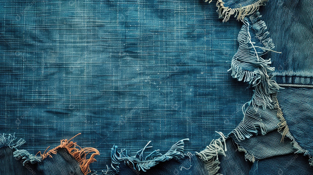 Uma imagem de espaço de cópia de tecido jeans rasgado e destruído com textura de jeans azul rasgado