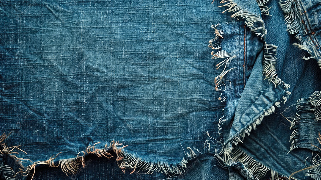 Uma imagem de espaço de cópia de tecido jeans rasgado e destruído com textura de jeans azul rasgado