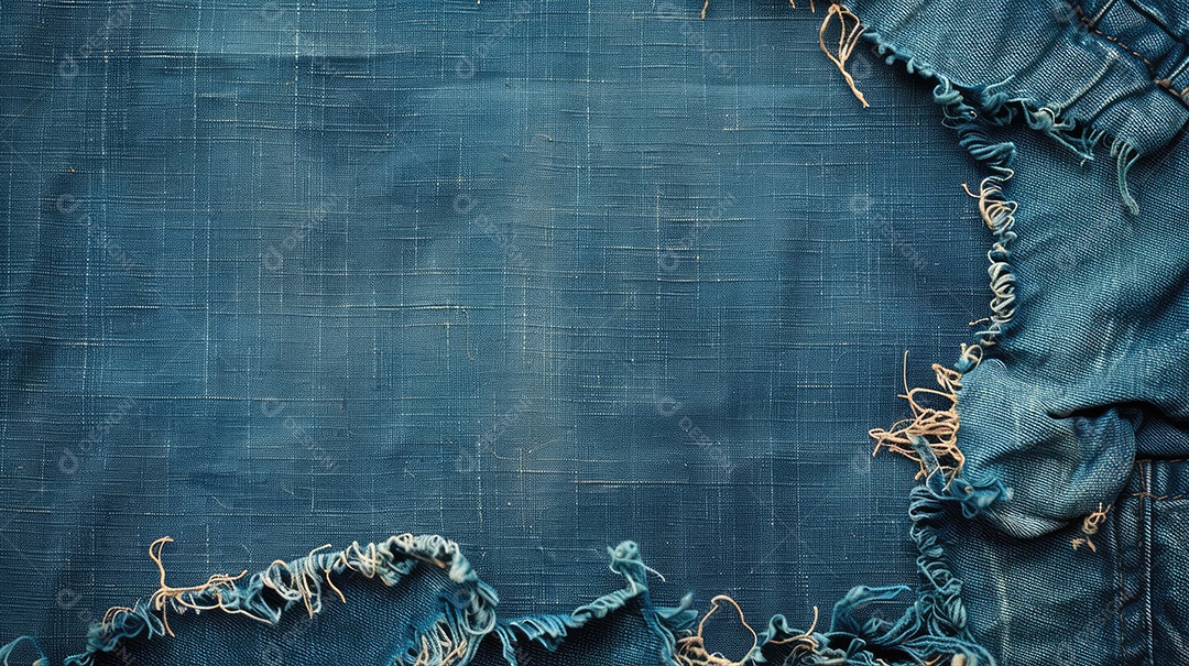 Uma imagem de espaço de cópia de tecido jeans rasgado e destruído com textura de jeans azul rasgado