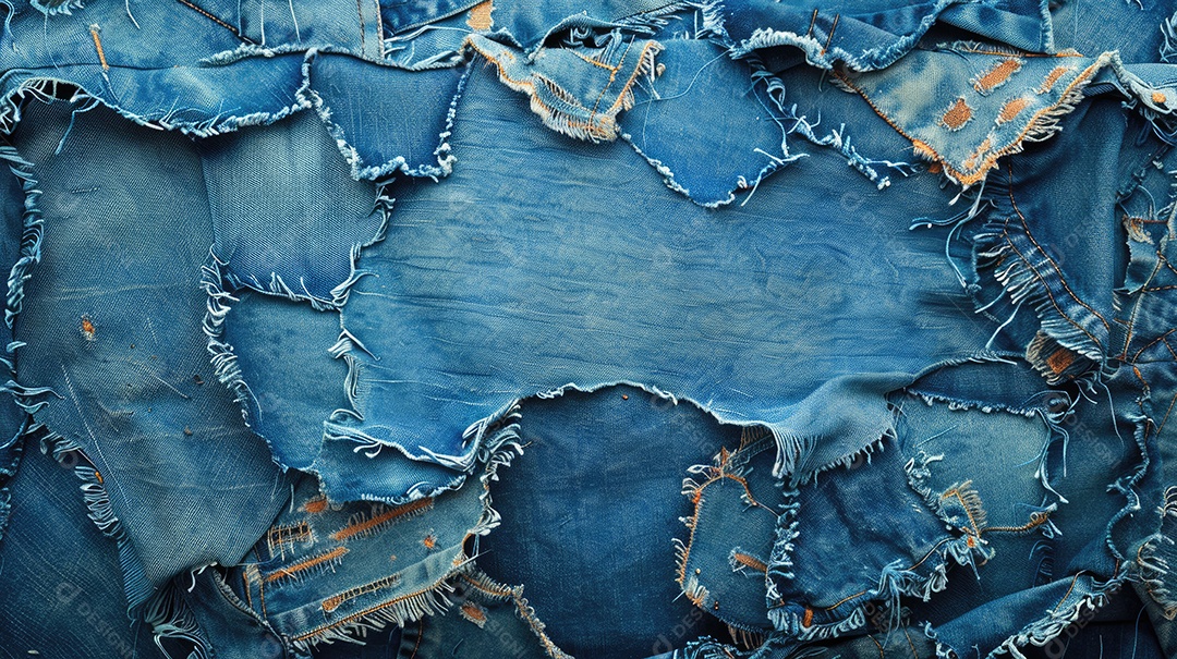 Uma imagem de espaço de cópia de tecido jeans rasgado e destruído com textura de jeans azul rasgado