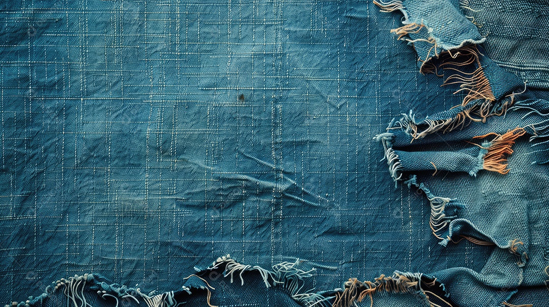 Uma imagem de espaço de cópia de tecido jeans rasgado e destruído com textura de jeans azul rasgado