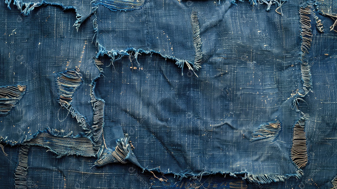 Uma imagem de espaço de cópia de tecido jeans rasgado e destruído com textura de jeans azul rasgado
