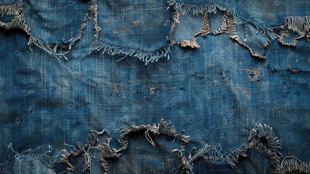 Uma imagem de espaço de cópia de tecido jeans rasgado e destruído com textura de jeans azul rasgado
