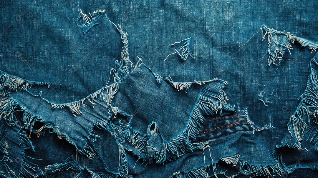 Uma imagem de espaço de cópia de tecido jeans rasgado e destruído com textura de jeans azul rasgado