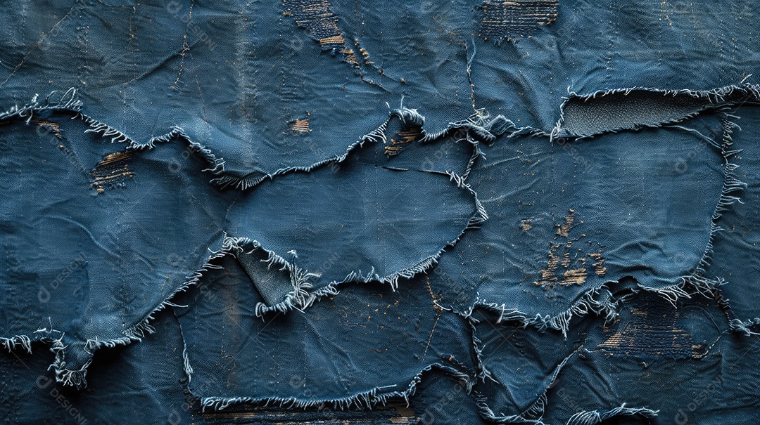 Uma imagem de espaço de cópia de tecido jeans rasgado e destruído com textura de jeans azul rasgado