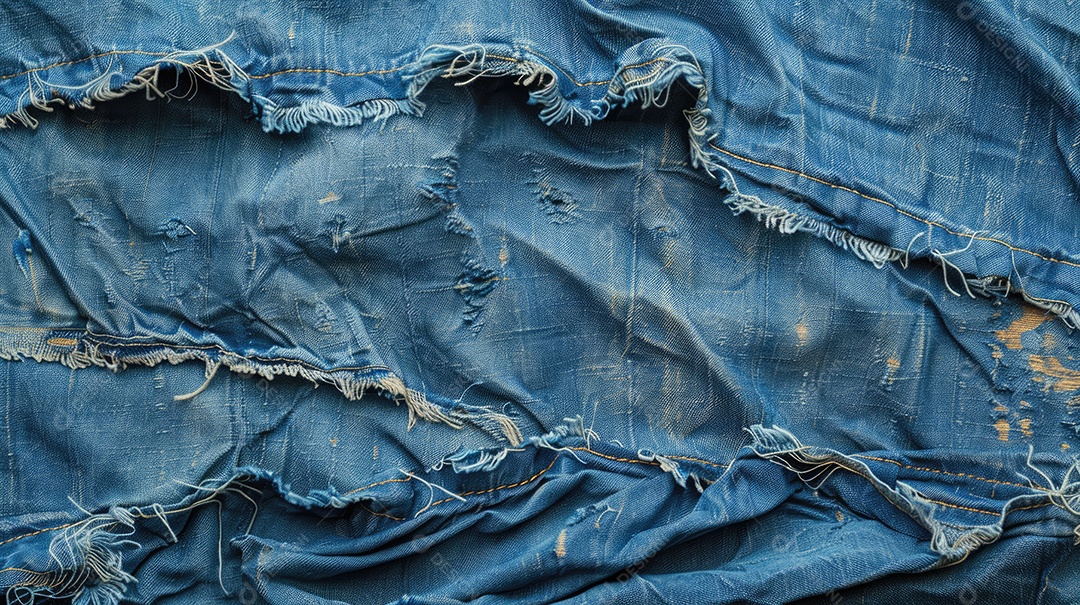 Uma imagem de espaço de cópia de tecido jeans rasgado e destruído com textura de jeans azul rasgado