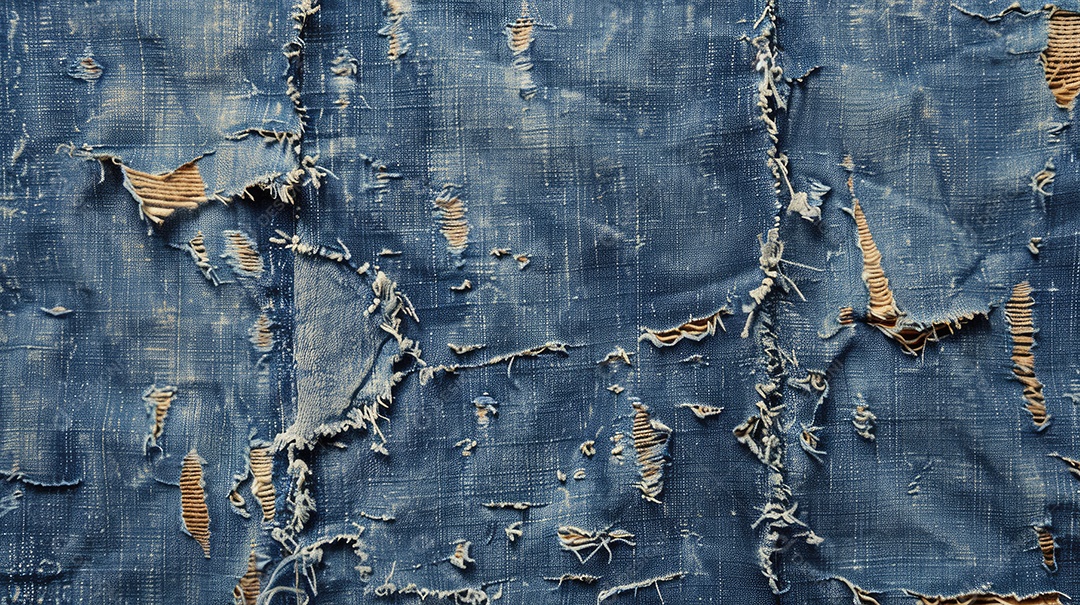 Uma imagem de espaço de cópia de tecido jeans rasgado e destruído com textura de jeans azul rasgado