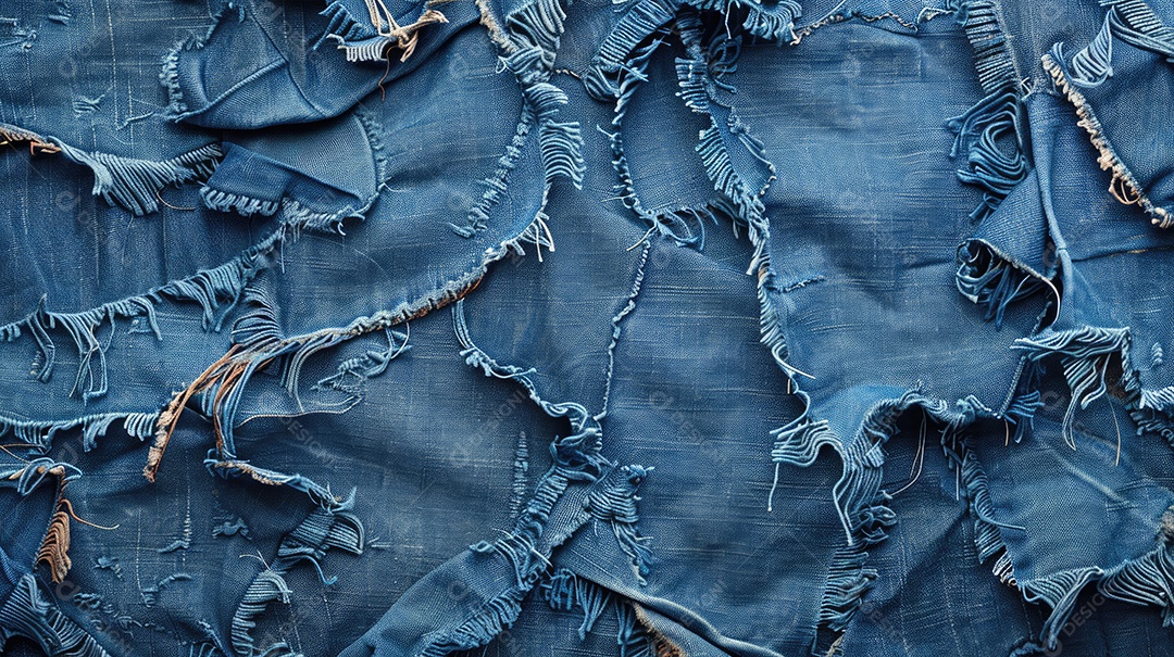 Uma imagem de espaço de cópia de tecido jeans rasgado e destruído com textura de jeans azul rasgado