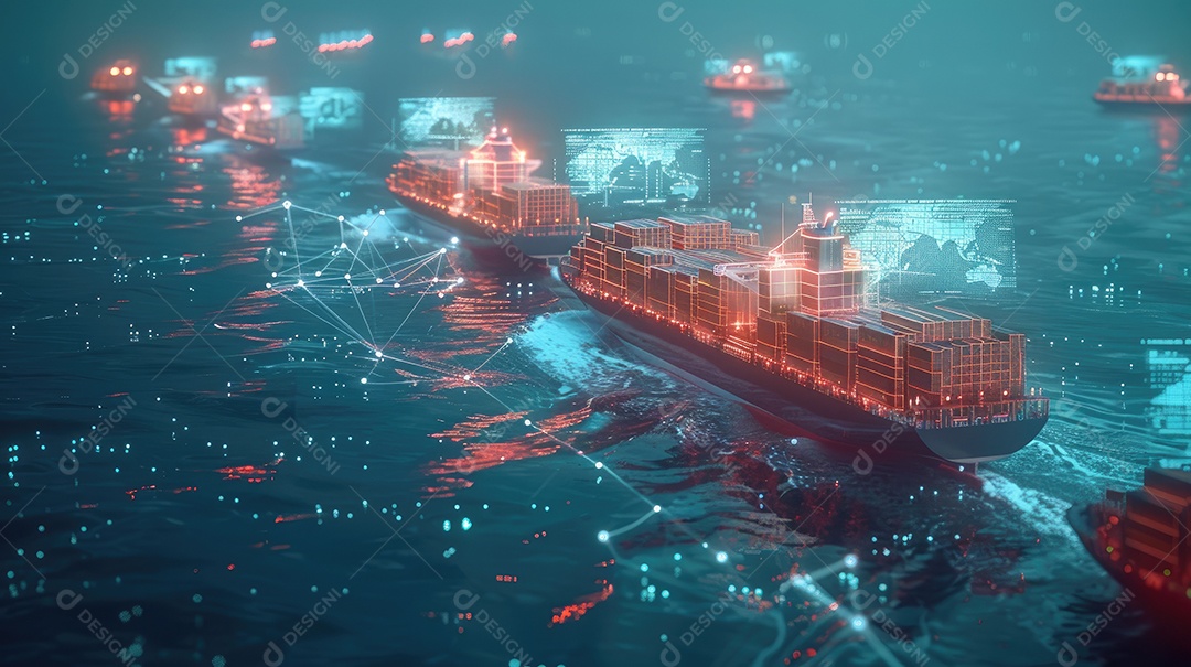 Os navios porta-contêineres futuristas usam tecnologias modernas para logística global contando com mapas-múndi e redes de cadeia de suprimentos para exportar e importar contêineres