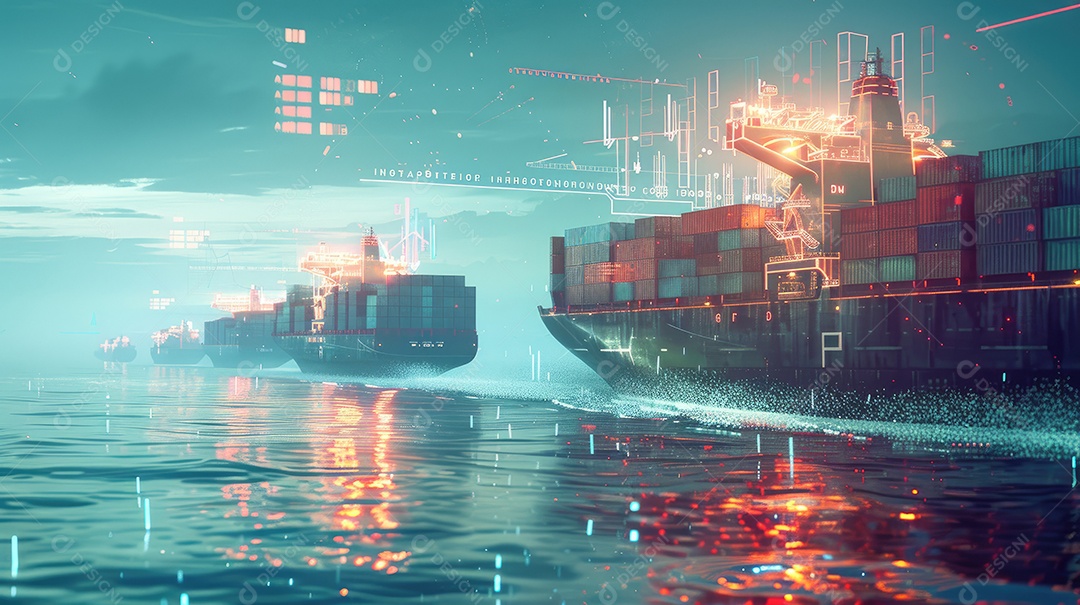 Os navios porta-contêineres futuristas usam tecnologias modernas para logística global contando com mapas-múndi e redes de cadeia de suprimentos para exportar e importar contêineres