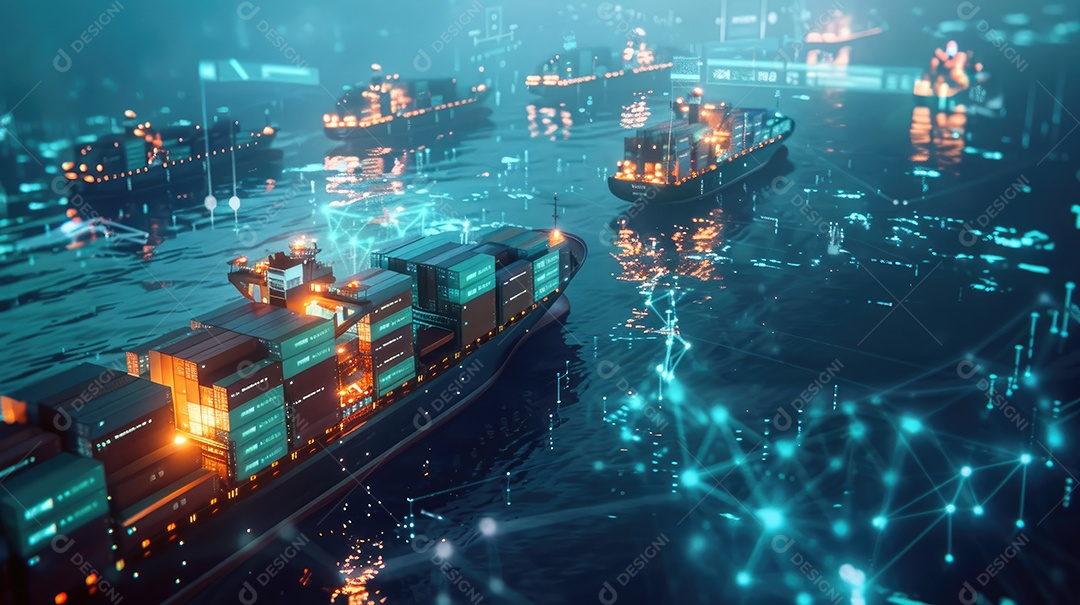 Os navios porta-contêineres futuristas usam tecnologias modernas para logística global contando com mapas-múndi e redes de cadeia de suprimentos para exportar e importar contêineres