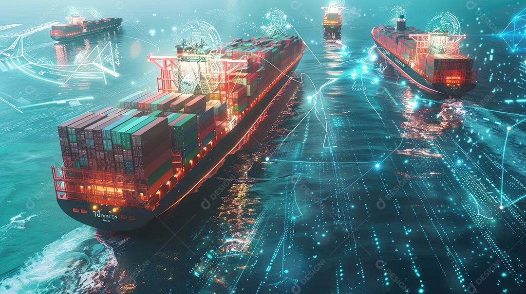Os navios porta-contêineres futuristas usam tecnologias modernas para logística global contando com mapas-múndi e redes de cadeia de suprimentos para exportar e importar contêineres