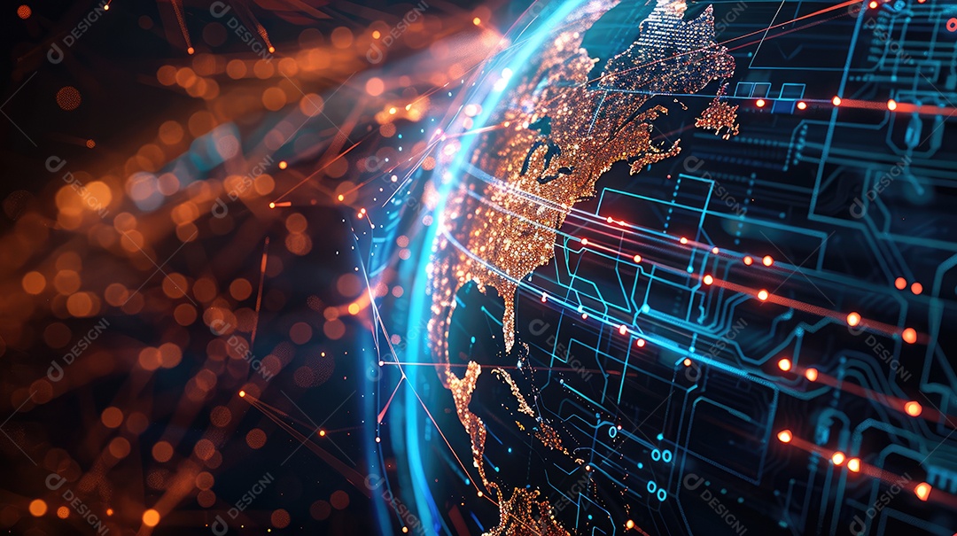 Conexões de rede digitais cobrindo a terra representando a comunicação global e a troca de dados