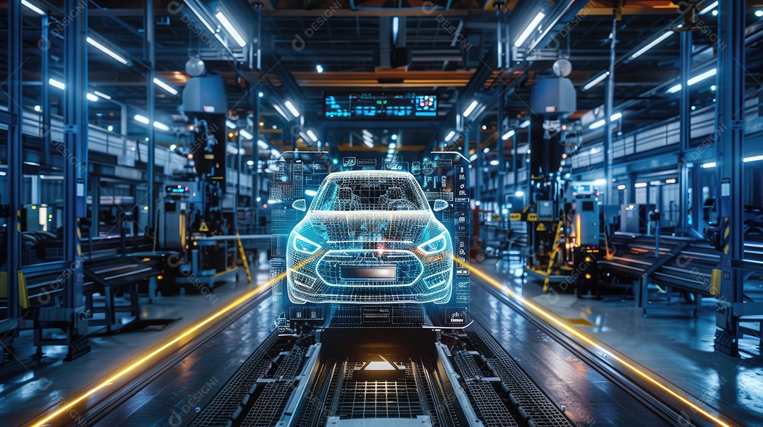 Engenheiro automotivo operando tecnologia avançada em linha de montagem futurista para fabricação de automóveis