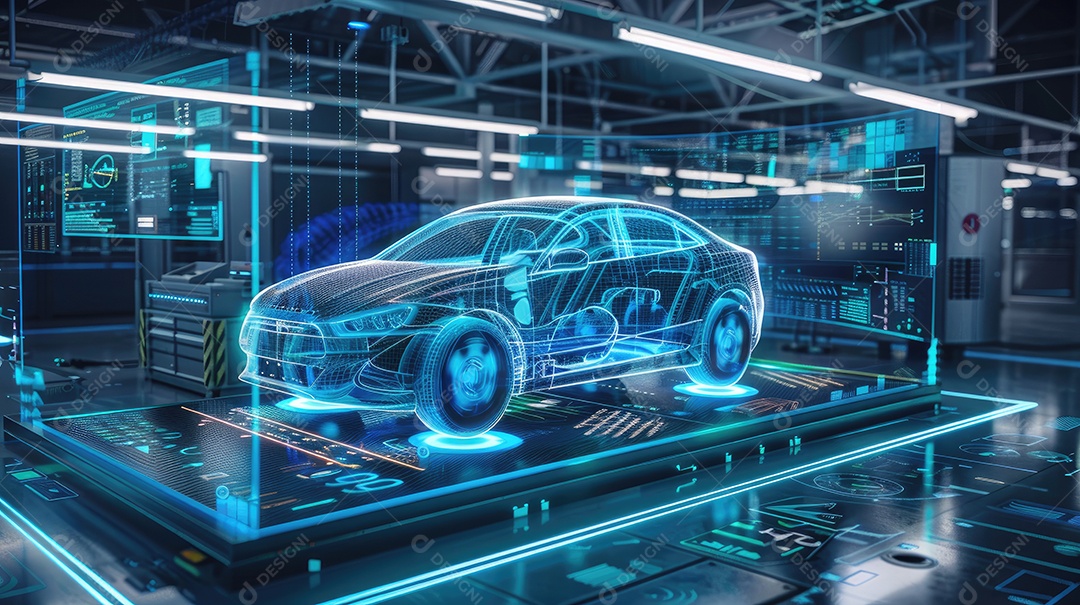 Engenheiro automotivo operando tecnologia avançada em linha de montagem futurista para fabricação de automóveis