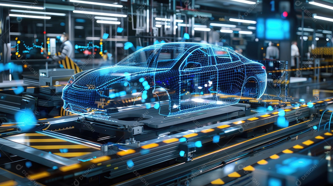 Engenheiro automotivo operando tecnologia avançada em linha de montagem futurista para fabricação de automóveis