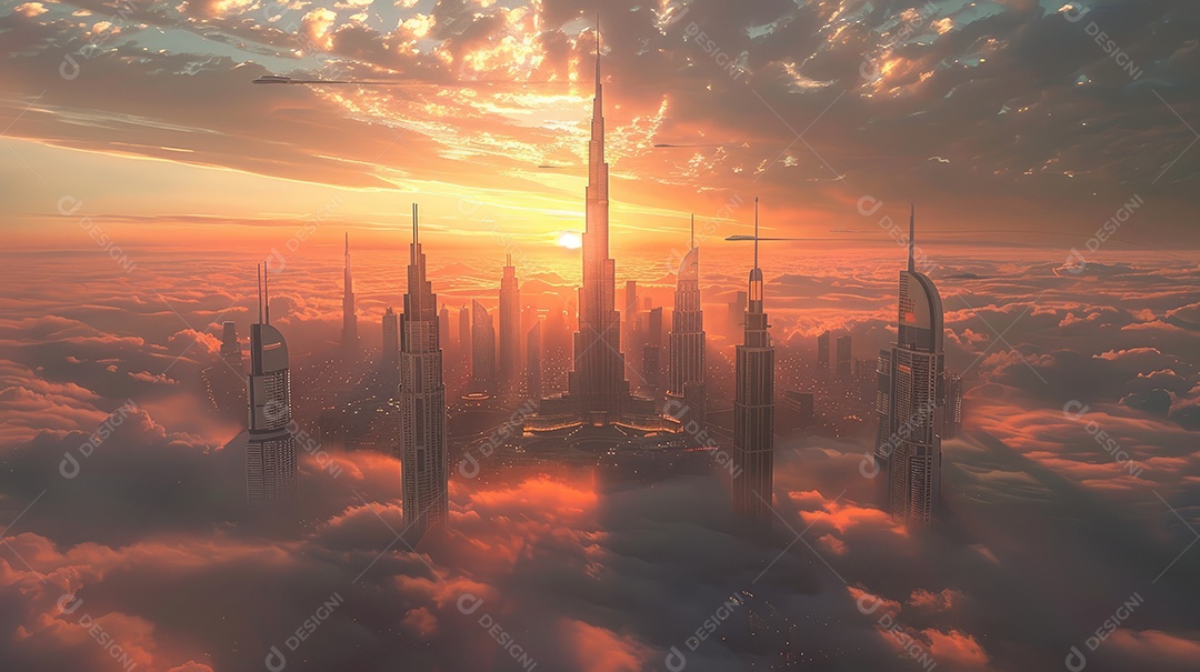 Um lindo pôr do sol sobre uma cidade com cores quentes do céu e das nuvens criam um cenário tranquilo e sereno