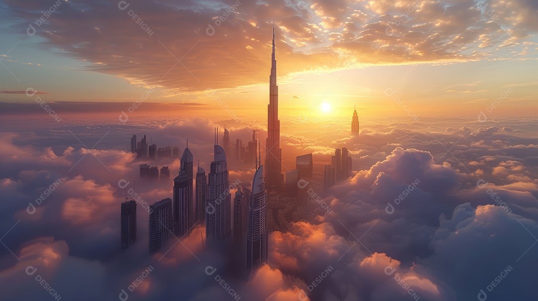 Um lindo pôr do sol sobre uma cidade com cores quentes do céu e das nuvens criam um cenário tranquilo e sereno