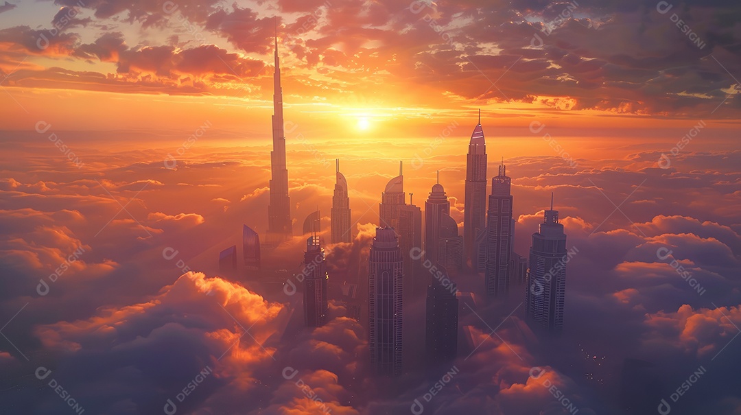 Um lindo pôr do sol sobre uma cidade com cores quentes do céu e das nuvens criam um cenário tranquilo e sereno