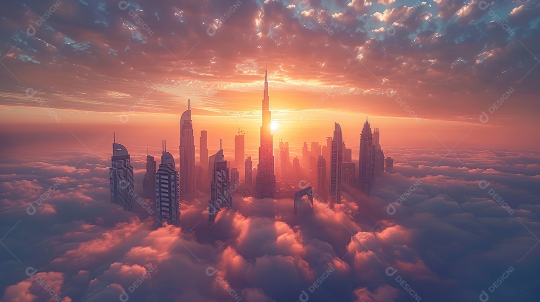 Um lindo pôr do sol sobre uma cidade com cores quentes do céu e das nuvens criam um cenário tranquilo e sereno