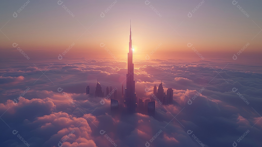 Um lindo pôr do sol sobre uma cidade com cores quentes do céu e das nuvens criam um cenário tranquilo e sereno