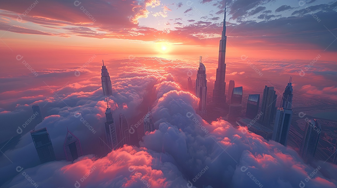 Um lindo pôr do sol sobre uma cidade com cores quentes do céu e das nuvens criam um cenário tranquilo e sereno