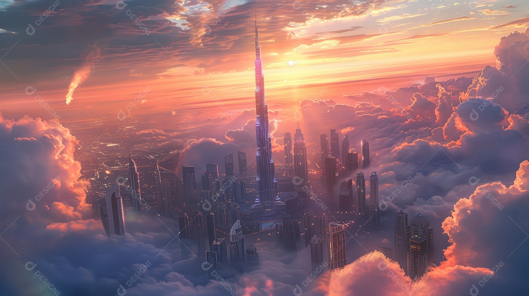 Um lindo pôr do sol sobre uma cidade com cores quentes do céu e das nuvens criam um cenário tranquilo e sereno