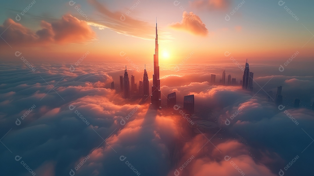 Um lindo pôr do sol sobre uma cidade com cores quentes do céu e das nuvens criam um cenário tranquilo e sereno