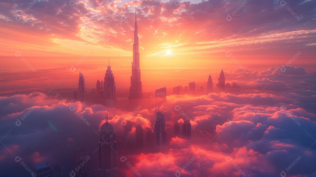 Um lindo pôr do sol sobre uma cidade com cores quentes do céu e das nuvens criam um cenário tranquilo e sereno