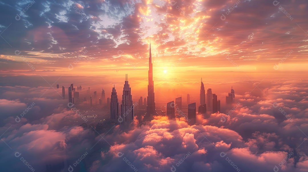 Um lindo pôr do sol sobre uma cidade com cores quentes do céu e das nuvens criam um cenário tranquilo e sereno