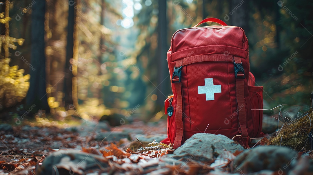 Foto de alta qualidade de uma mochila com uma bússola e um kit de primeiros socorros ilustrando um navegador na taiga e medicamentos de emergência em uma bolsa vermelha com uma cruz branca