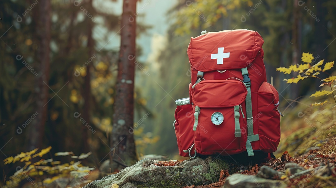 Foto de alta qualidade de uma mochila com uma bússola e um kit de primeiros socorros ilustrando um navegador na taiga e medicamentos de emergência em uma bolsa vermelha com uma cruz branca