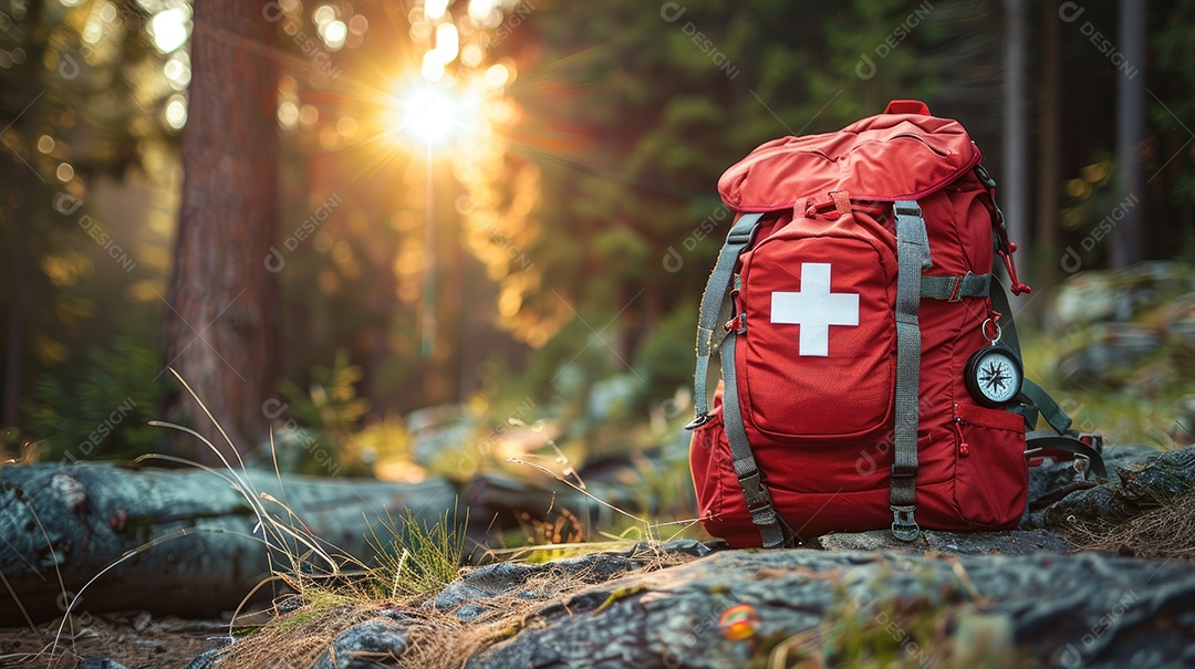 Foto de alta qualidade de uma mochila com uma bússola e um kit de primeiros socorros ilustrando um navegador na taiga e medicamentos de emergência em uma bolsa vermelha com uma cruz branca