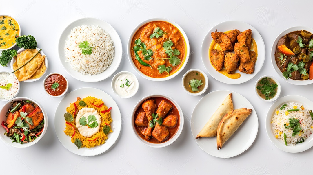 Uma variedade de alimentos é exibida em uma mesa branca incluindo camarão brócolis