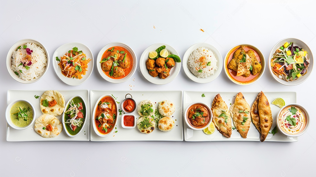 Uma variedade de alimentos é exibida em uma mesa branca incluindo camarão brócolis