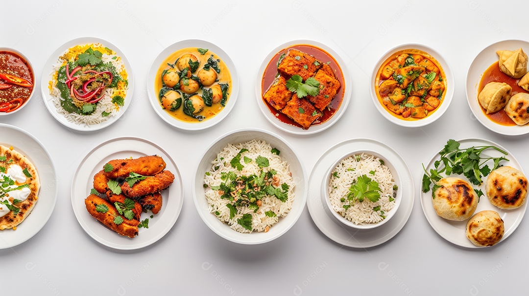 Uma variedade de alimentos é exibida em uma mesa branca incluindo camarão brócolis