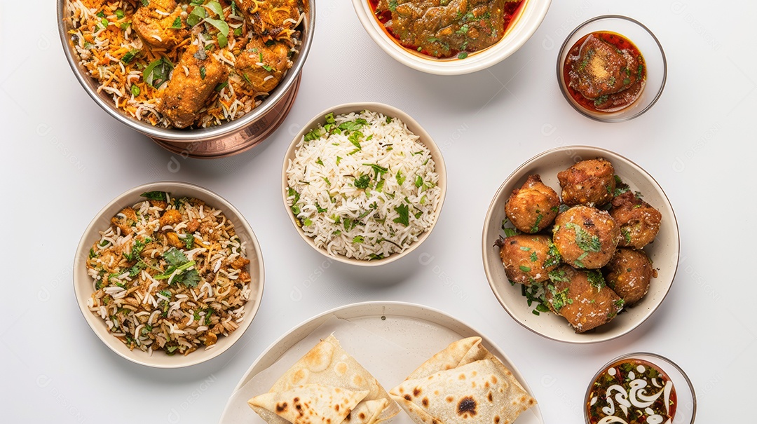 Uma variedade de alimentos é exibida em uma mesa branca incluindo camarão brócolis