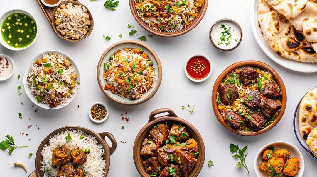 Uma variedade de alimentos é exibida em uma mesa branca incluindo camarão brócolis