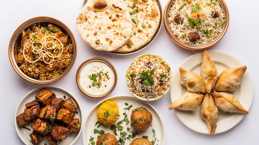 Uma variedade de alimentos é exibida em uma mesa branca incluindo camarão brócolis