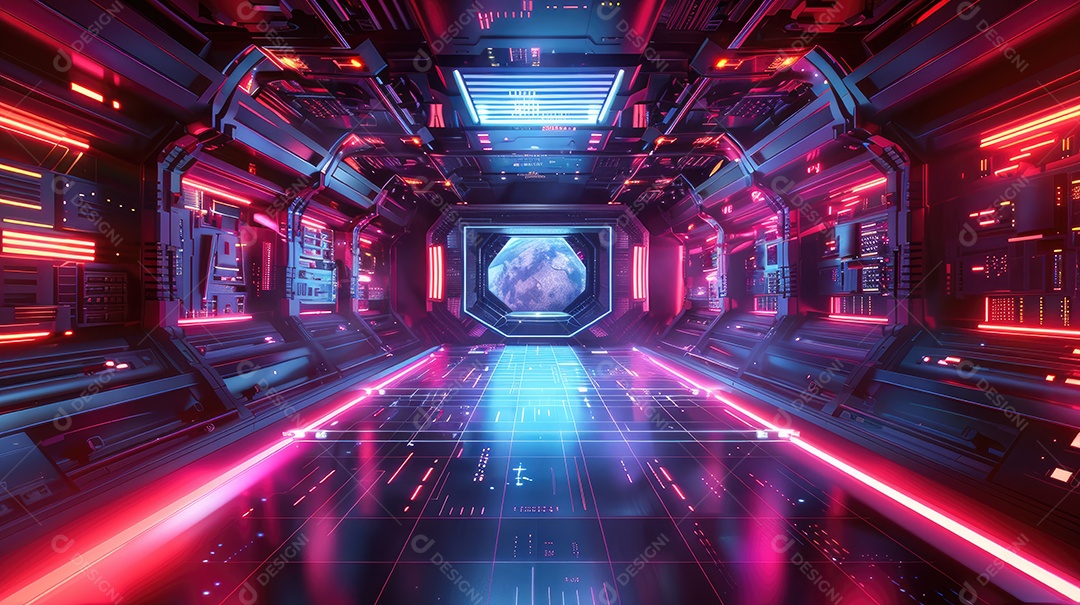 Estrutura futurista elegante com elementos metálicos e neon para designs de ficção científica