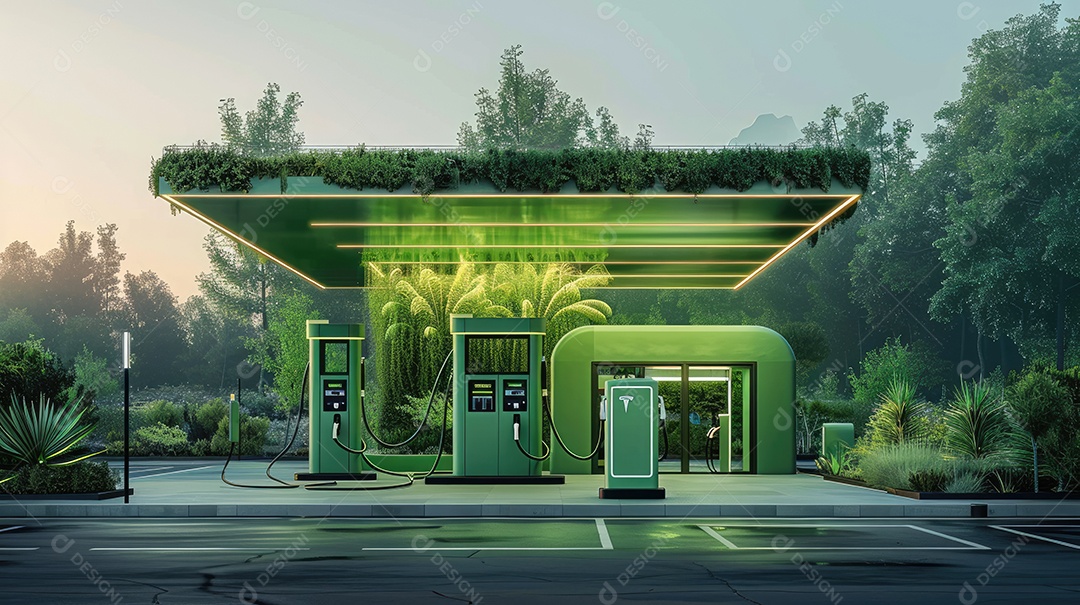 Um moderno posto de abastecimento de hidrogênio cercado por uma vegetação exuberante
