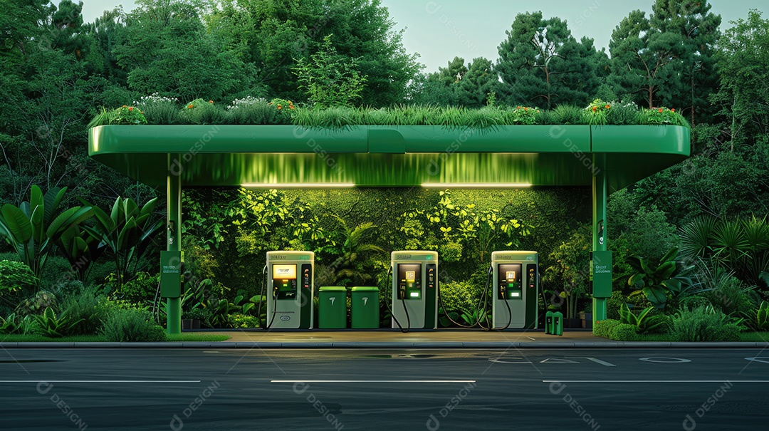 Um moderno posto de abastecimento de hidrogênio cercado por uma vegetação exuberante